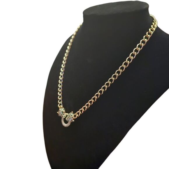 18k Gold Filled Classic Leopard Green Eye Black Cubic Zirconia Necklace - Picture 7 of 13